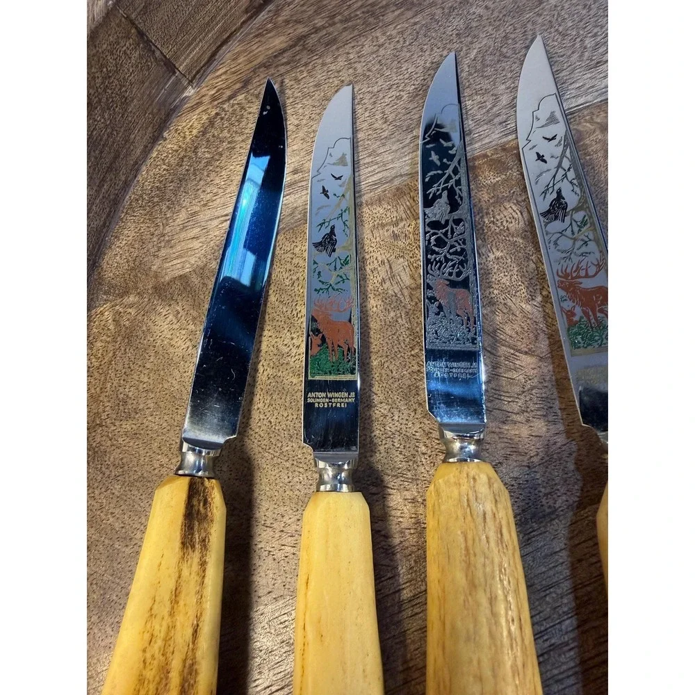 Vintage Anton Wingen Jr. Stag Horn Knife & Fork Set: German Etched Flatware 8 Pc